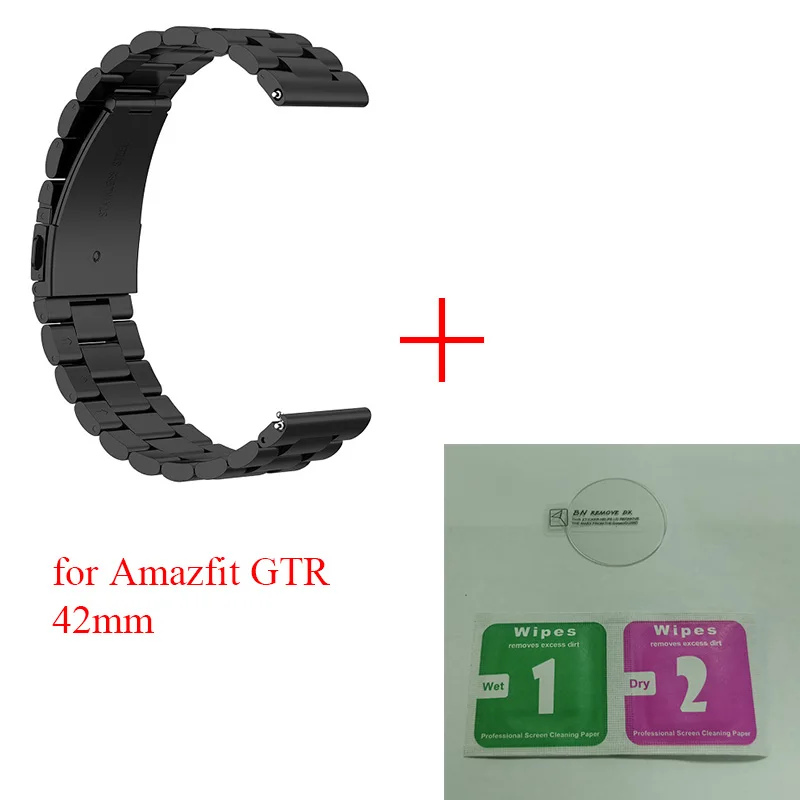 Ksadkvor металлический ремешок из нержавеющей стали для Xiaomi Huami Amazfit GTR 47 мм 42 мм браслет ремешок с экранным стеклом протектор - Цвет: 42Black