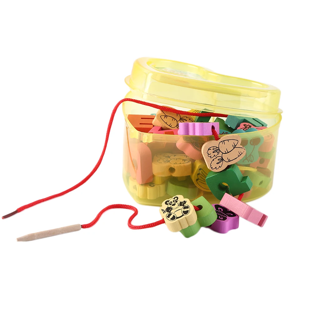 54pcs/lot Baby Wooden Lacing Beads Animals Blocks Heart-shape Stringing Threading Lace Beads Box Educational Preschool Learn Toy