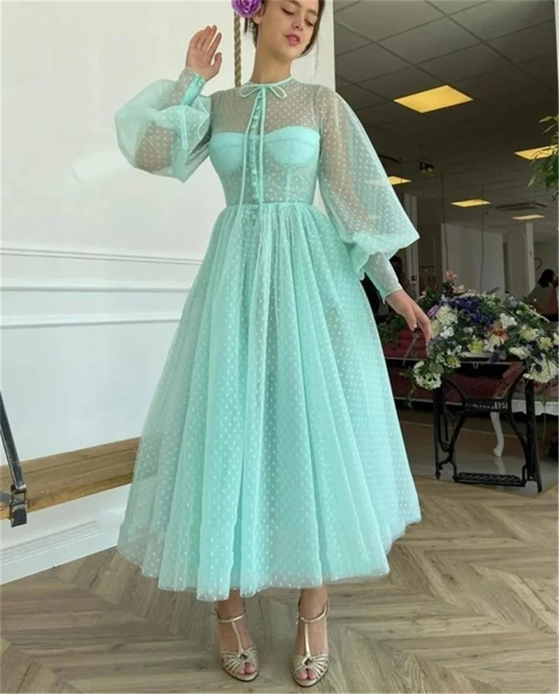 Turquoise Green Dotted Tulle Tea Length Prom Dresses With Buttons O-Neck Puffy Long Sleeve Homecoming Party Dress A-Line Cocktail Graduation