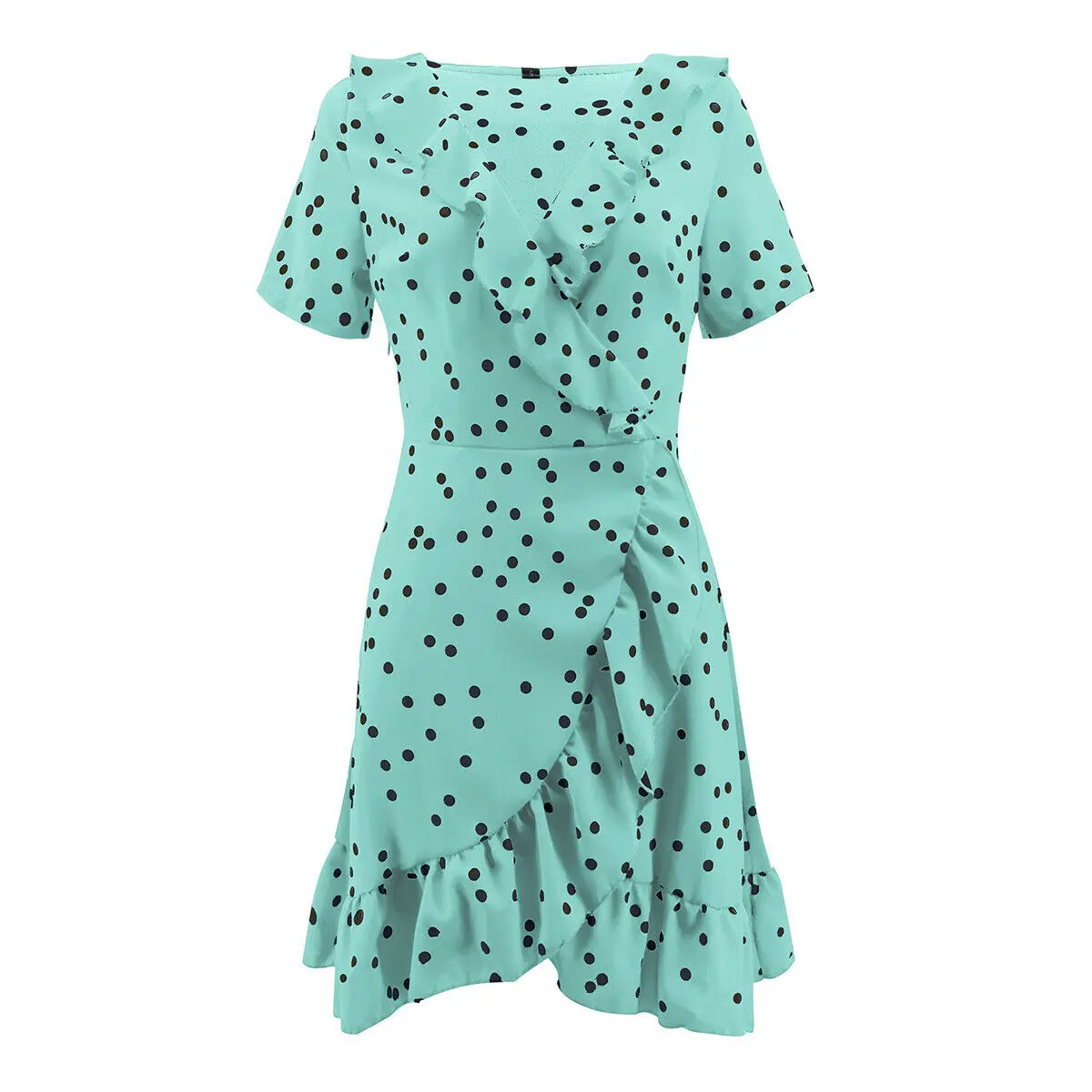 Fashion Boho Women Summer Polka Dot Short Sleeve Deep V Neck Mini Dress Party Beach Holiday Sweet Ruffles Sundress - Цвет: Зеленый