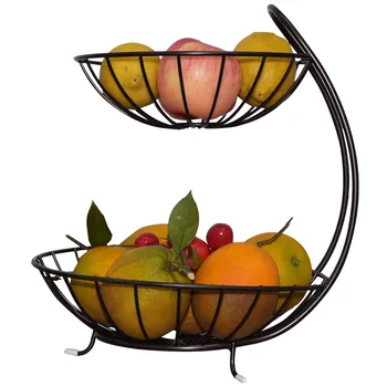 

Wrought Iron Double Layer Fruit Basket Metal Draining Fruit Basket Iron Storage Basket Tray Metal Double-layered For Snack Fruit