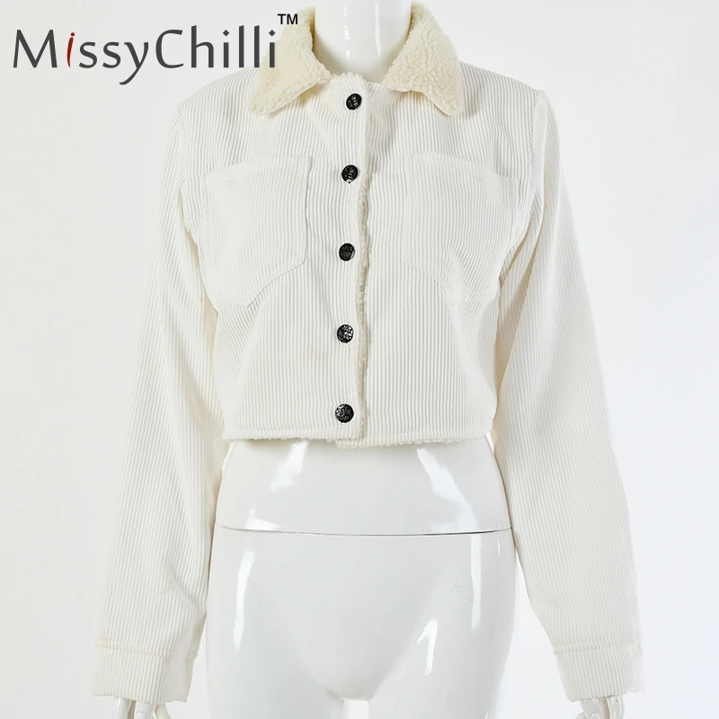 MissyChilli Вельветовая Повседневная укороченная куртка Женский базовый карман теплое Женское пальто осенне-зимняя Уличная мода женская куртка цвета хаки верхняя одежда - Цвет: Белый