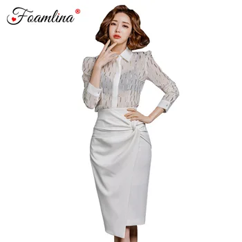 

Foamlina Elegant Office Lady Two Pieces Sets White Colded Striped Long Sleeved Blouse High Waist Draped Pencil Skirt Women Suits