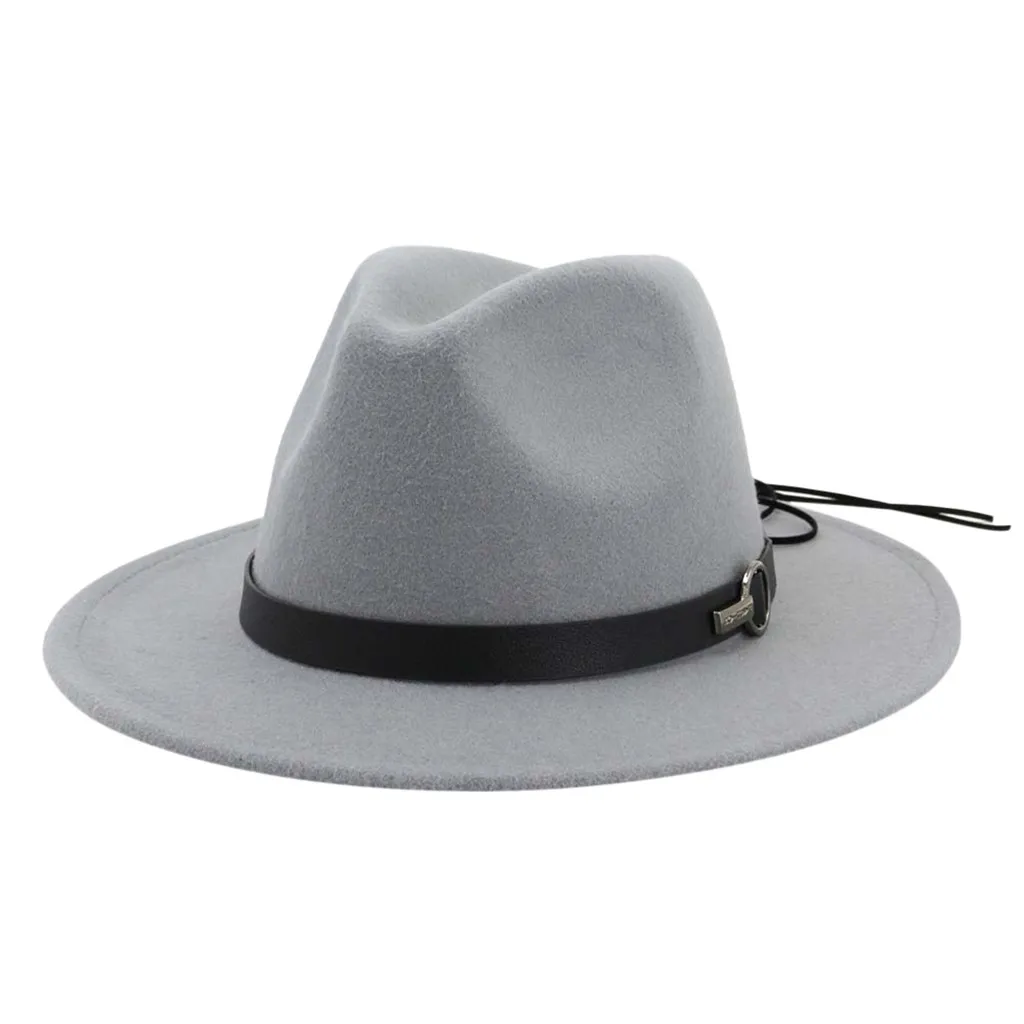 Unisex Wide Brim Panama Wool Felt Jazz Fedora Hats Belt Buckle Decor Women Trilby Cowboy Cap Sunhat#YL5