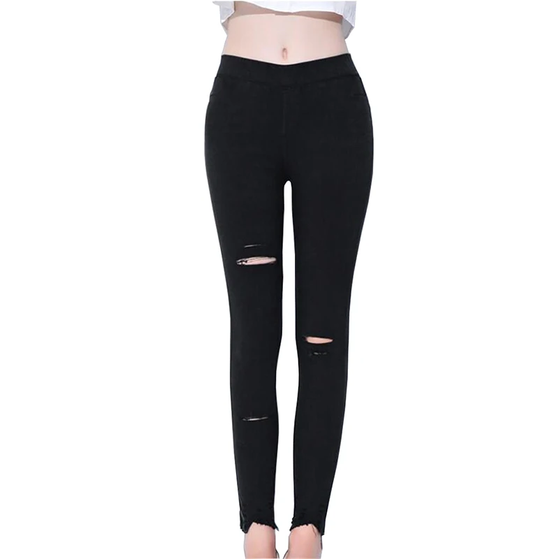 2020 High elasticity washed jeans women Plus size knee hole Imitate denim casual trousers female slim pencil pants G873 | Женская одежда