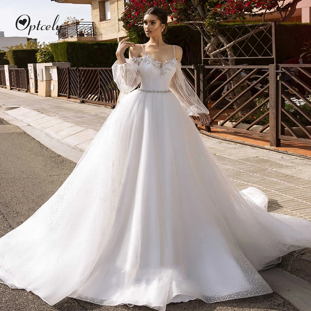 

Optcely Beautiful Sexy Spaghetti Sweetheart Neck Puff Sleeves A-line Backless Wedding Dress 2019 Princess Gowns Vestido de Noiva