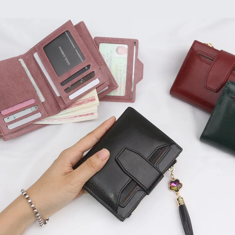 

New Style Wallet Women's Genuine Leather Wallet Short Oil Wax Cowhide Two Fold Mid-length Korean-style Multi Card Bit Zip Card P