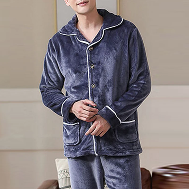 L-3XL Male Grey Nightwear Long Sleeve Winter Thicken Warm Flannel Pajamas Sets Soft Sleepwear Long Pant Male Men Pajamas Sets custom pajama pants Men's Sleep & Lounge