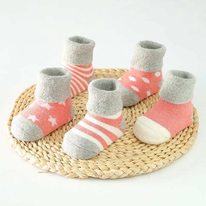 5 пар/компл. зимние носки для маленьких мальчиков и девочек хлопковые утепленные детские носки вязаный, для новорожденных, носки-башмачки для ребенка ясельного возраста зимние носки 0-2years - Цвет: 05WtmlRed