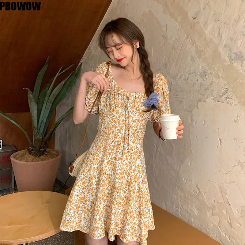 2020 Women Korean Floral Dresses Summer Slim Waist Mini A-Line Dresses Lace Up Puff Short Sleeve dress Vestidos Femme
