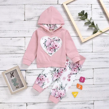 

0-24M Baby Girls Hooded Clothes Cotton Kids Girls Heart Pattern Tops T-Shirts+Floral Pants Suits Autumn Spring Clothing Set