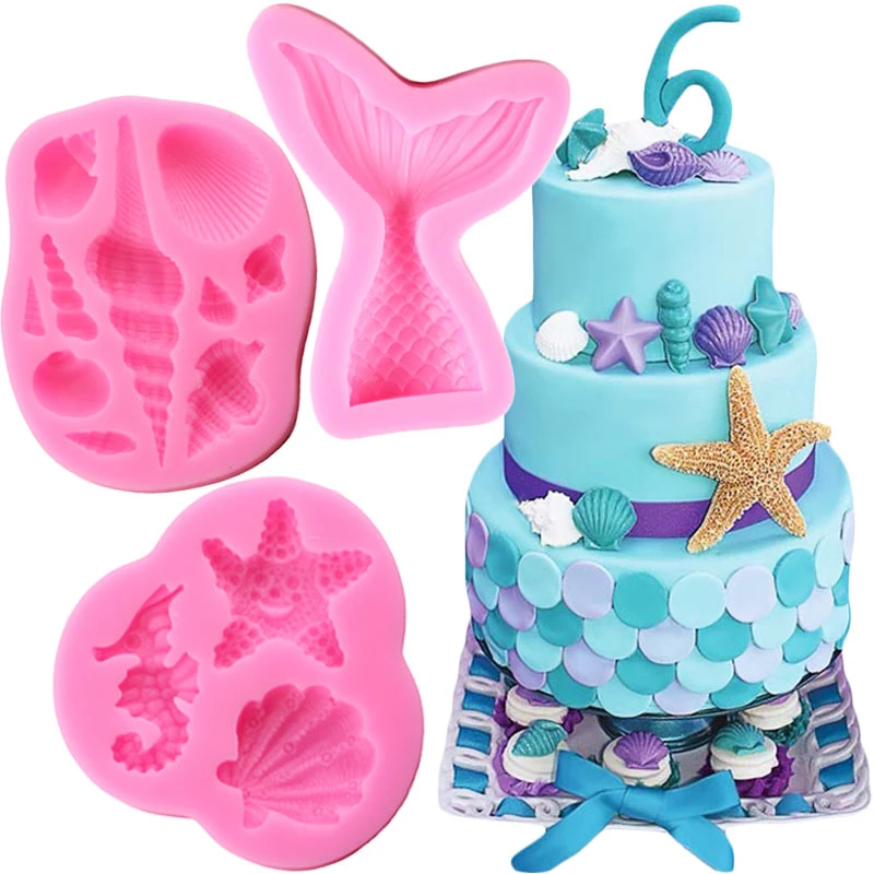 Marine Theme Fondant Silicone Mold Shell Conch Mermaid Tail Cake Decorating Tool Sugarcraft Chocolate Molds Baking Accs Cake Decorating Kitchen Dining Bar
