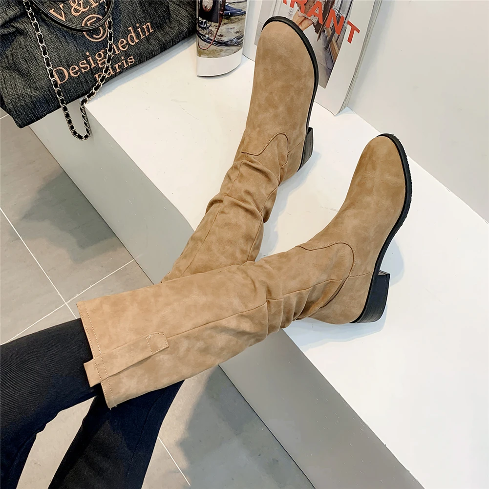 

SARAIRIS 2019 Plus Size 46 Square Heels Mid Calf Boots Women Shoes Woman Winter Shoes Woman Riding Boots Female