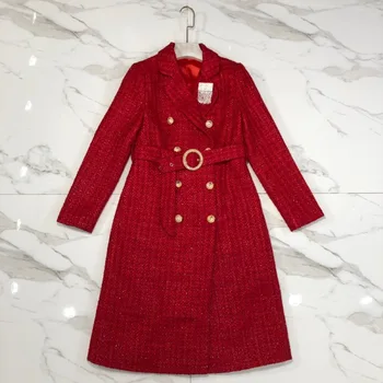 

2019 Red Coarse Tweed Dress , Suit Long Loose Coat Collocation Rendering Unlined Upper Garment Can Single Clothes