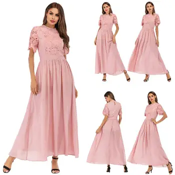 

Pink Muslim Women Long Maxi Lace Dress Dubai Cocktail Abaya Arab Kaftan Islam Clothing Party Evening Dress Elegant Short Sleeve
