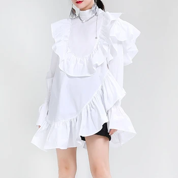 

SeeBeautiful Large Size Dress Stand Collar Long Sleeve Ruffles Irregular Simple Woman Summer Autumn 2020 New Fashion Tide T701