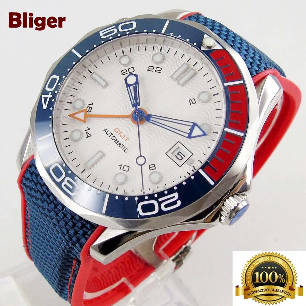  Bliger 41mm GMT 3804 automatic wrist watch men waterproof Luminous white dial date blue red ceramic