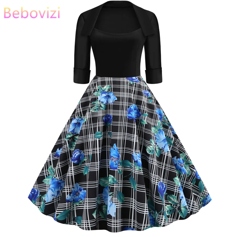 Bebovisi новая женская одежда осенние платья Плюс Размер Цветочный Принт Vestidos повседневное офисное черное элегантное винтажное ТРАПЕЦИЕВИДНОЕ ПЛАТЬЕ
