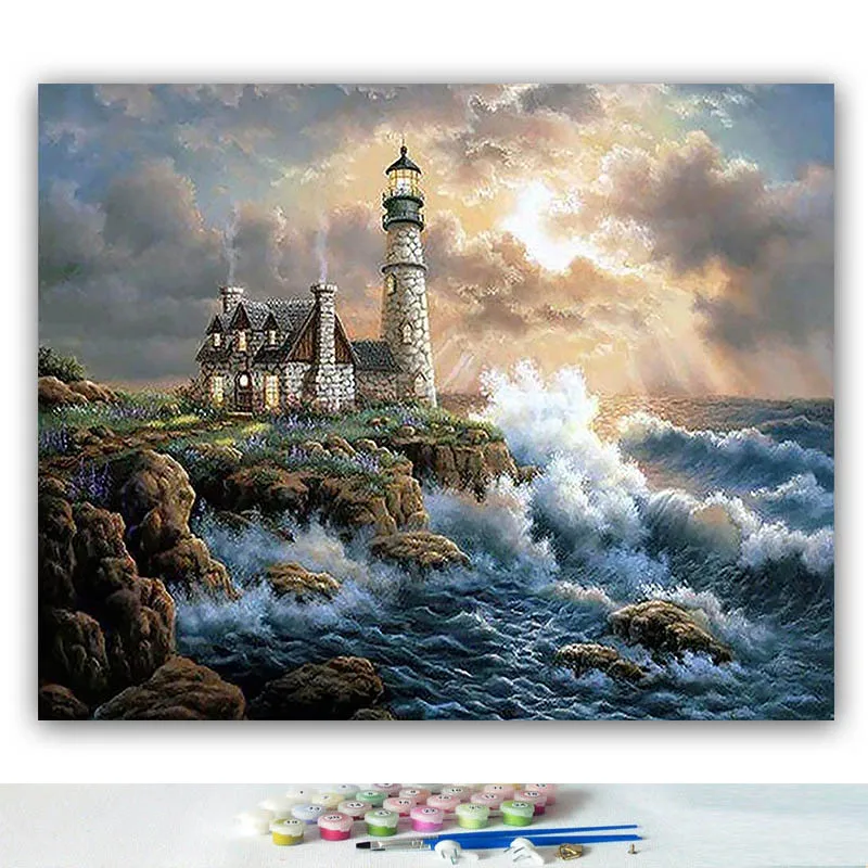 DIY Colorings Pictures by Numbers with Colors Seaside Lighthouse Night View Picture Drawing Painting 40x50 50x60 | Дом и сад