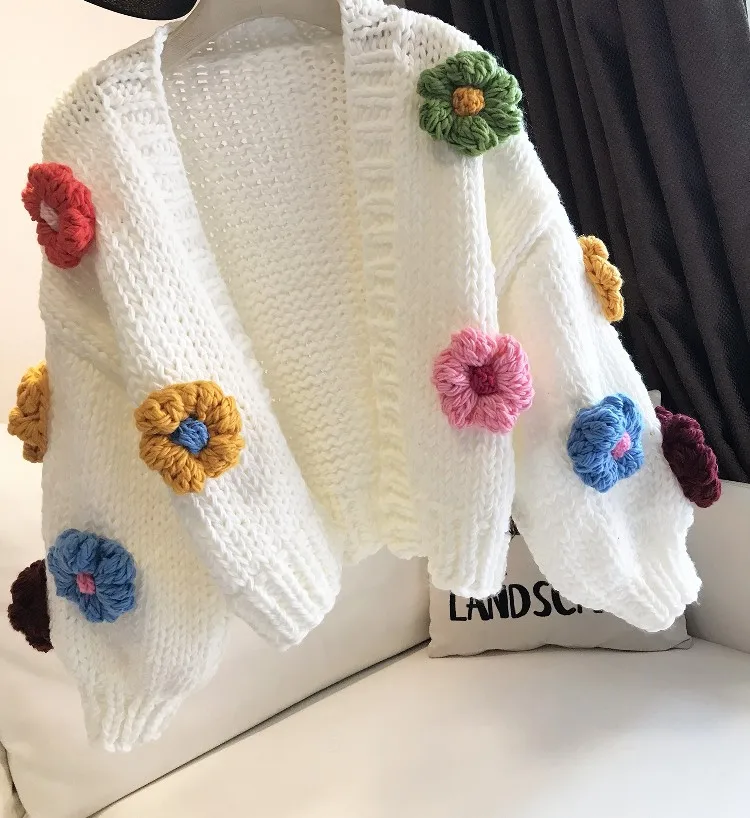 

Women's Fashion Knitting Coat Puff Long Sleeve Cardigan Manual Puffs Color Flowers Sweater Female Ourterwear Loose Tops