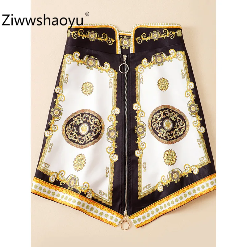 Ziwwshaoyu/модный бренд, летний женский комплект из 2 предметов, блуза с золотым принтом с бриллиантами+ юбка на молнии с высокой талией, комплект одежды
