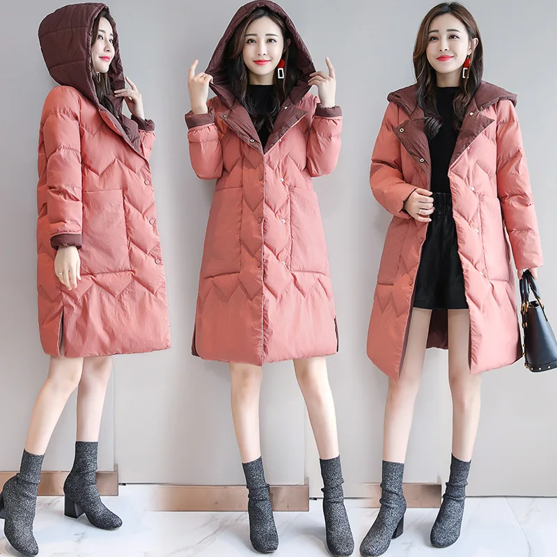 

2019 Korean-style Loose And Plus-sized Contrast Color Joint Hooded Cotton Coat Women's Mid-length A- line Thermal Wear Cotton Ov