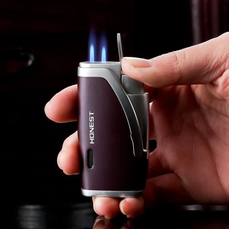 

Cigarette Lighter Double Straight Blue Flame Gas Lighter Windproof Torch Turbine Jet Butane Lighter Man Gifts With Cigar Knife