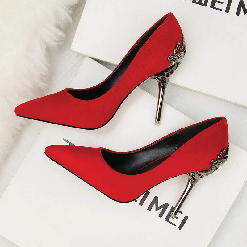 Moda metalowe obcasy damskie buty czerwone buty ślubne zamszowe szpilki  kobieta szpilki 10CM Sexy Pointed Toe Ladies Pumps|Buty damskie na słupku|  - AliExpress