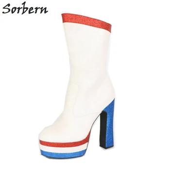 

Sorbern White Glitter Women Boots Block Heels Made-To-Order Chunky High Heel Booties Cosplay Platform Boots Big Size 35-46