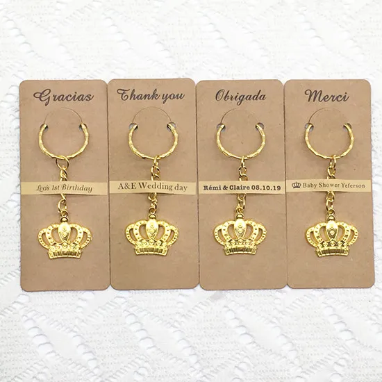 Gold-Kraft tag 100 шт./лот, свадебные сувениры, подарки на день рождения ребенка, вечерние подарки для дома, величественный брелок в форме короны с персонализированной открыткой спасибо - Цвет: Gold-Kraft tag
