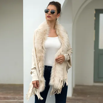 

Savabien Winter Womens Knitwear Furry Collar Cape 2019 Korean Fashion Fringe Cardigan Sweater Vintage Female Clothes Streetwear