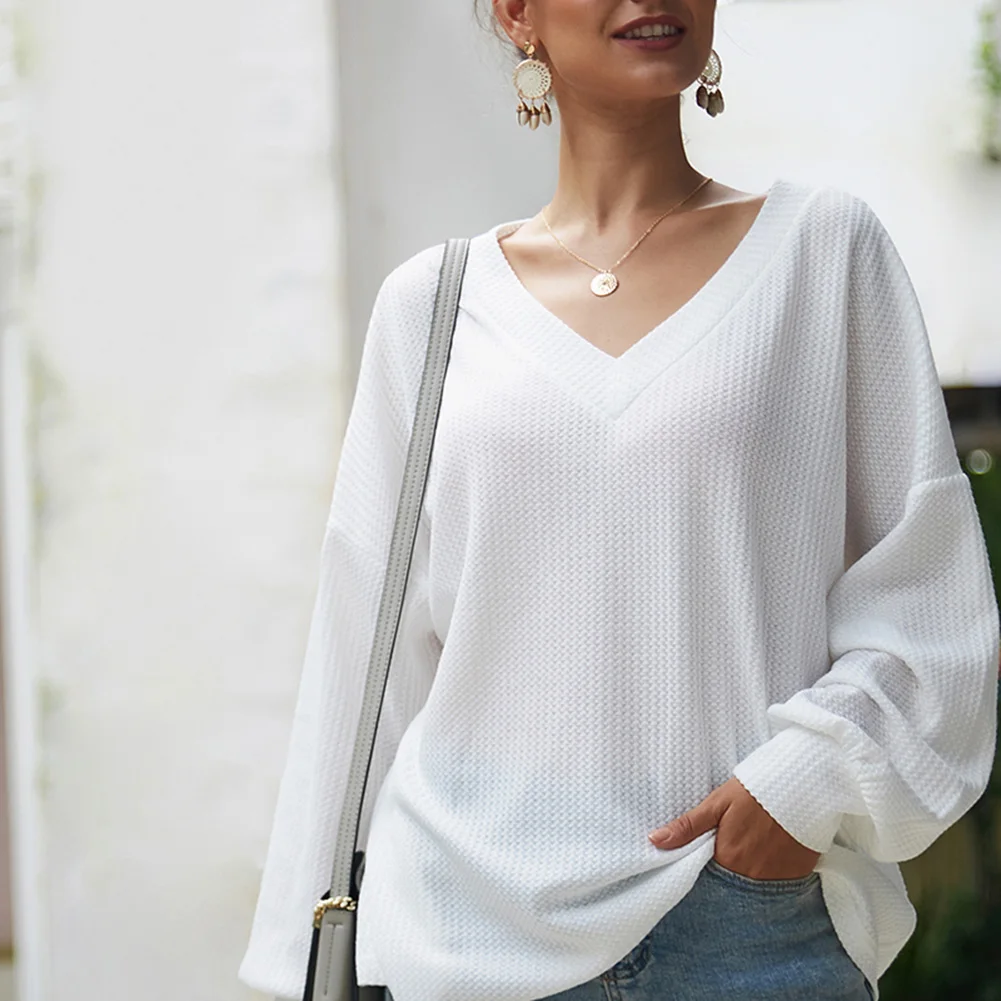 Белый Hot Women Ladies V-neck Long-sleeved Knit Tops Sweater Solid Color Casual Shirt K2 - Цвет: Белый