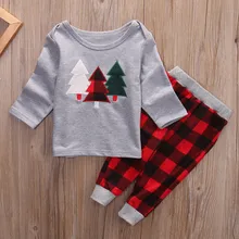 Дети комплект одежды для маленьких девочек с принтом топы с длинными рукавами штаны в клетку; рождественские наряды для детей Рождественский комплект осенняя одежда