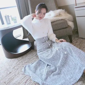 

Women Fashion Elegant Long Skirts Autumn Winter Woolen Ladies Skirts Mujer Moda 2020 Solid Gray Beading Skirt Woman High Quality