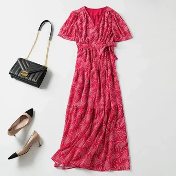 

Women Red Short Sleeve Long Dress V Neck Flower Print Elegant Dress With Belt