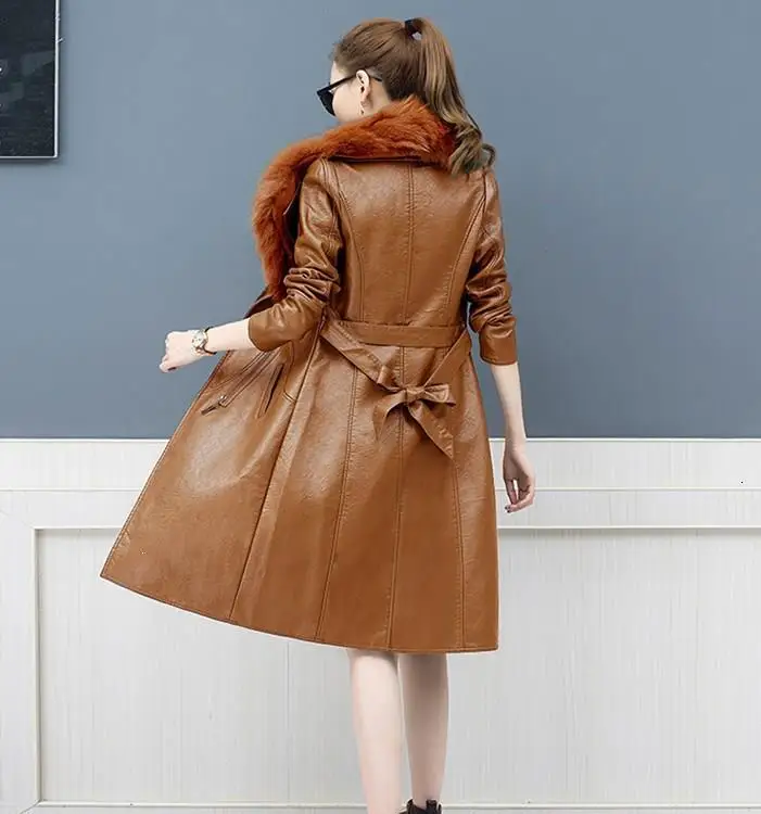 Горячая Распродажа, зимние кожаные пальто с воротником из искусственного меха, с карманами размера плюс, Повседневная Длинная женская куртка с поясом и карманами, теплые пальто
