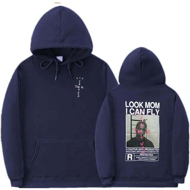 Cactus Jack Hoodie Men Women Double-sided Logo Print LOOK MOM I CAN FLY Travis Scott Hoodies Unisex Fashion Hip Hop Streetwear Navy