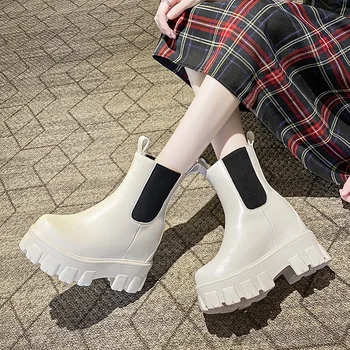 

Women Wedge Platform height increasing Ankle Boots Brand Designer British Style thick Sole Short Boots Women Black Beige 2020