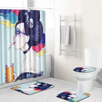 

4Pcs/Set Carpet Bathroom Foot Pad African Woman Bath Mat and Shower Curtain with Mats Toilet Seat Covers Home Decor Sets Hooks