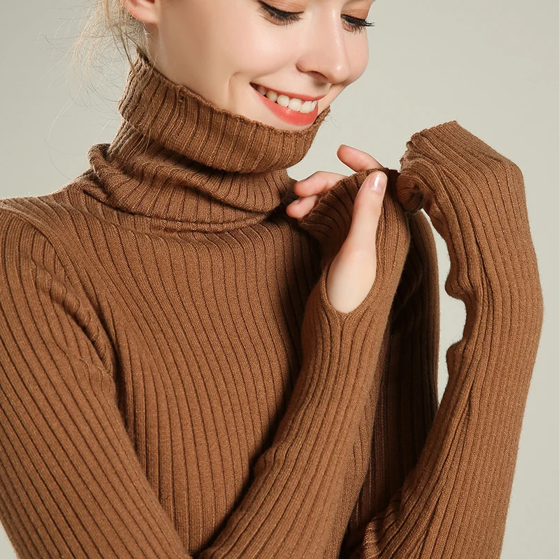Водолазка вязаный свитер для женщин джемпер с длинными рукавами пуловеры полосатые стрейч осень зима basicshirt короткие сексуальные свитера - Цвет: Caramel