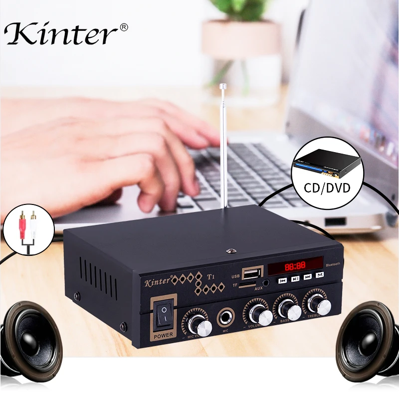Kinter T1 мини усилитель аудио hi-fi стерео звук AC мощность DC 12 В с AUX TF USB MIC вход дистанционное управление супер бас высокие частоты