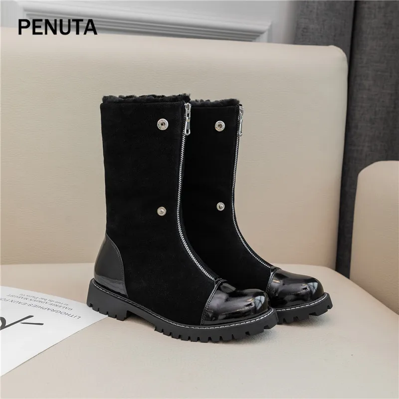 PENUTA; женские зимние ботинки до середины икры на молнии; botas mujer; Лоскутная обувь на меху; Модный дизайн; PD988