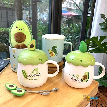 

Cute Avocado Ceramic Mug INS Creative Breakfast Milk Cup with Lid Spoon Family Belly Water Cups Travel Coffee Mugs Couple Gifts
