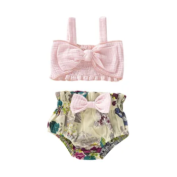 

Summer Clothes Cartoon Toddler Infant Baby Girls Sleeveless Pink Bow Tops+Floral PP Shorts Outfits 2PCS Set