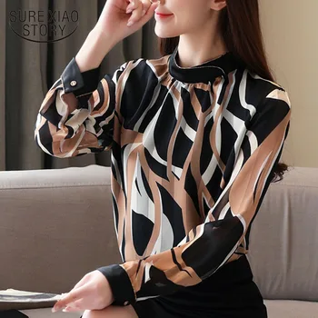 

Blouse Women 2020 Spring Chiffon Shirts Women Blouses Long Sleeve Strippe Stand Collar Ladies Tops Clothing Ladies Tops 8483 50