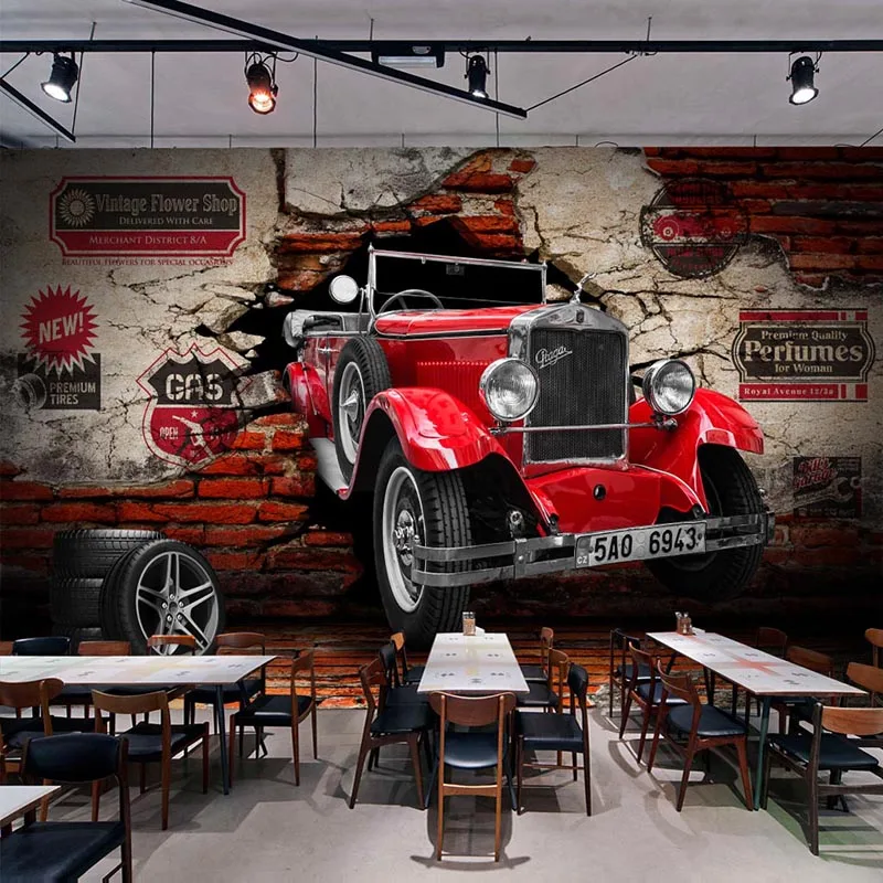Пользовательские фото обои ретро красный автомобиль сломанные настенные фрески Ресторан кафе бар задний план Настенный декор ПВХ водонепроницаемый утолщенный стикер