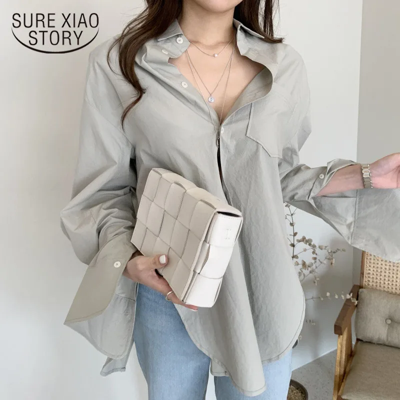 

Fall Korean Women Blouse Fashion Loose Solid Shirt Long Sleeve Cotton Tops 2021 Simple Chic Lady Clothing Chemisier Femme 10295