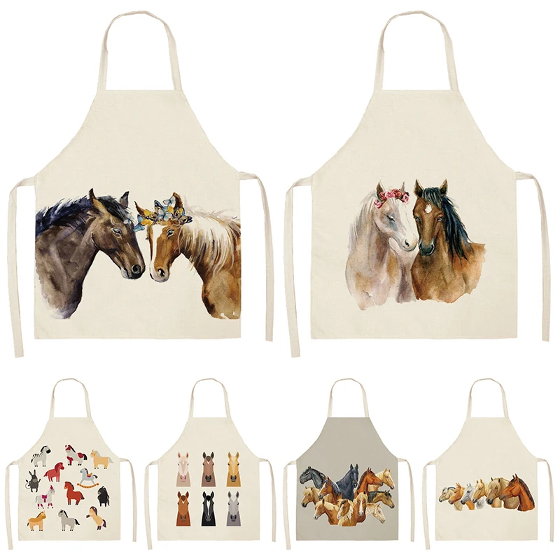 1Pcs Horse Kitchen Sleeveless Aprons For Women Cotton Linen Bibs Household Cleaning Pinafore Home Cooking Apron 53*65cm WQL0176