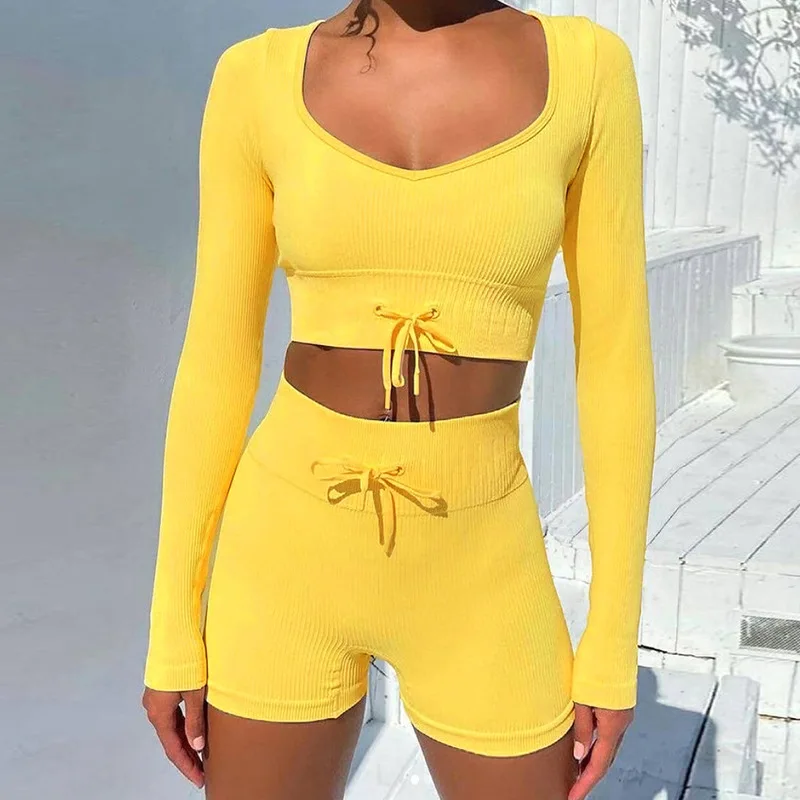 

Summer Two-piece set Women Set Body-Shaping Long Sleeve Strecthy Crop Top+Biker Shorts Drawstring Suit Sport Female Tracksuit