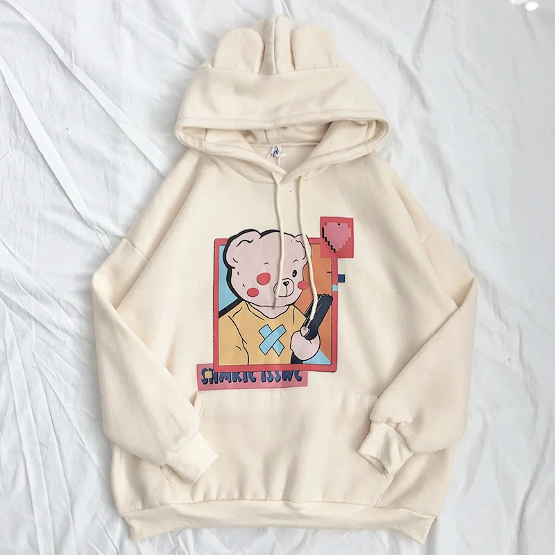 apricot Mooirue Kawaii для женщин бежевые толстовки прекрасный даже шляпа мультфильм печати свободная толстовка с капюшоном топы - Цвет: apricot